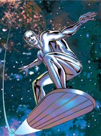 The Silver Surfer crests the waves of space, surfing among the stars and galaxies.