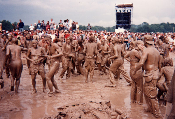 A large group of Mud People gathered at the 1994 Woodstock II music festival in Saugerties, New York.