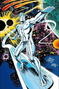 The Silver Surfer crests the waves of space, surfing among the stars and galaxies.