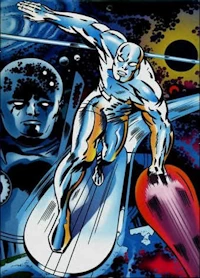 The Silver Surfer crests the waves of space, surfing among the stars and galaxies.