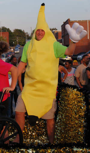 Banana Man waves at the 2012 Banana Festival in Fulton KY - S. Fulton TN