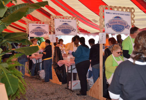 Inside the 'Puddin' Path' tent, where you can sample many different kinds of banana pudding.