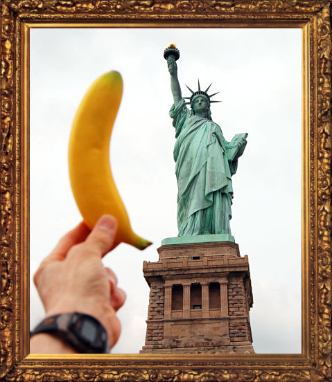 Magic Banana visits the Statue of Liberty in New York harbor.